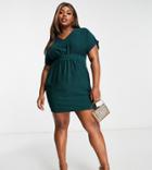 Closet London Plus Belted Tie Waist Mini Dress In Emerald Green