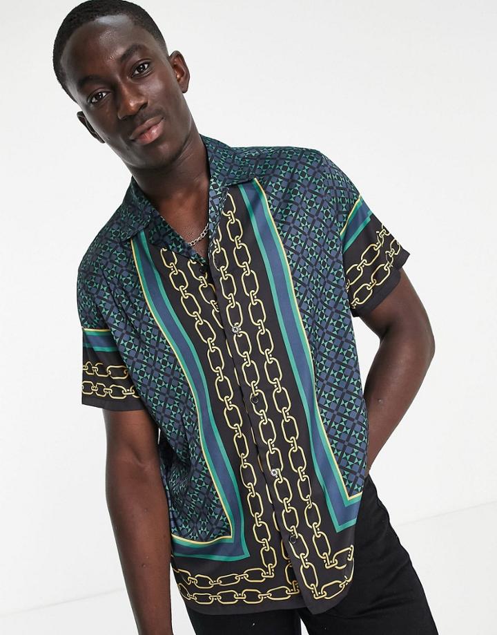 Asos Design Relaxed Revere Shirt In Satin With Border Print-black