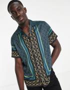 Asos Design Relaxed Revere Shirt In Satin With Border Print-black