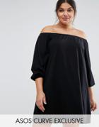 Asos Curve Off Shoulder Boho Mini Dress With Long Sleeves - Black