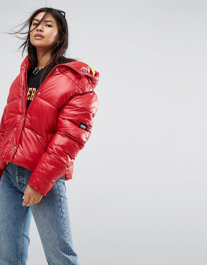 Puffa Oversized Jacket With Hood - Red