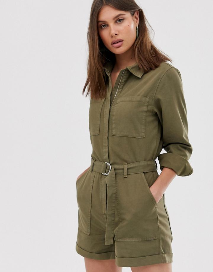 Weekday Denim Utility Romper In Khaki Green