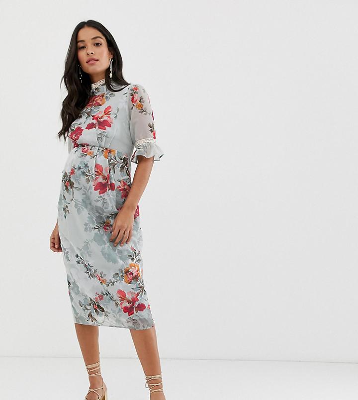 Hope & Ivy Maternity Ruffle Sleeve Pencil Dress In Blue Floral-multi