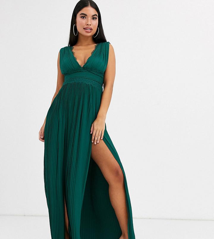 Asos Design Petite Premium Lace Insert Pleated Maxi Dress-green