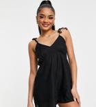 Asos Design Petite V Neck Tie Shoulder Swing Romper In Black