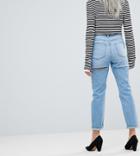 Asos Petite Farleigh High Waist Slim Mom Jeans In Ariel Light Stone Wash With Thigh Rip Detail - Blue