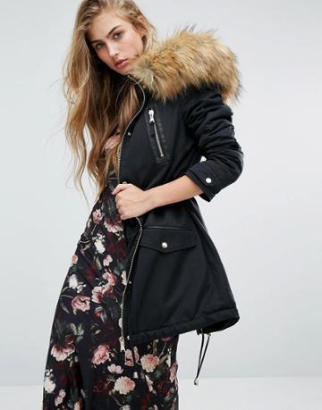 Miss Selfridge Leather Look Detail Parka With Faux Fur - Black