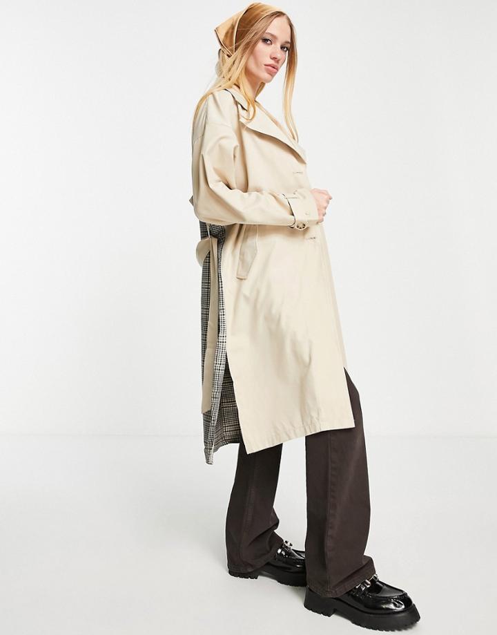 Only Spliced Check Longline Trench Coat In Sand-neutral