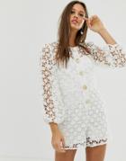 Asos Design Premium Floral Lace Romper With Gold Button Detail And Cut Out Back-white