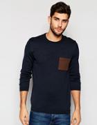 Asos Crew Neck Sweater With Pocket Patch In Cotton - Navy