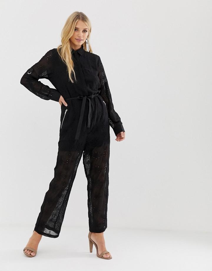 Religion Sheer Jumpsuit In Broderie Anglaise - Black