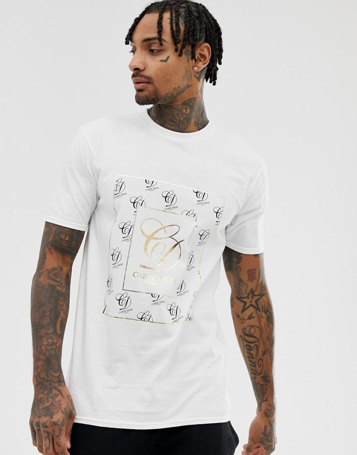 River Island T-shirt With Gold Carpe Diem Print In White - White