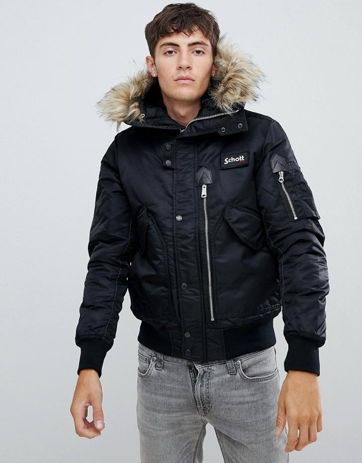 Schott Tempest 17 Hooded Flight Bomber Jacket With Detachable Faux Fur Trim In Black - Black