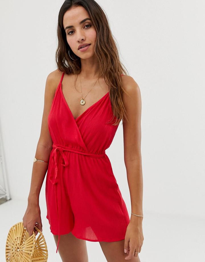 Asos Design Wrap Tie Front Romper In Crinkle - Red