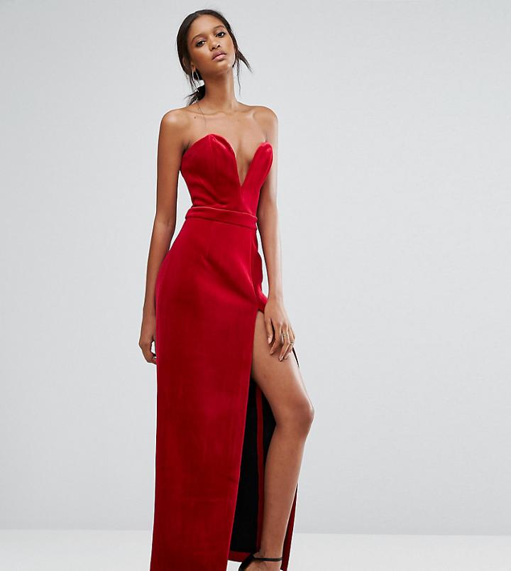 Ttya Black Bonded Velvet Sweetheart Bandeau Maxi Dress With Thigh Split - Red