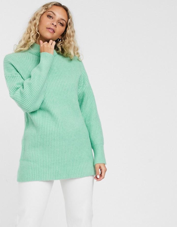 Monki Ribbed Roll Neck Sweater In Mint Green-beige