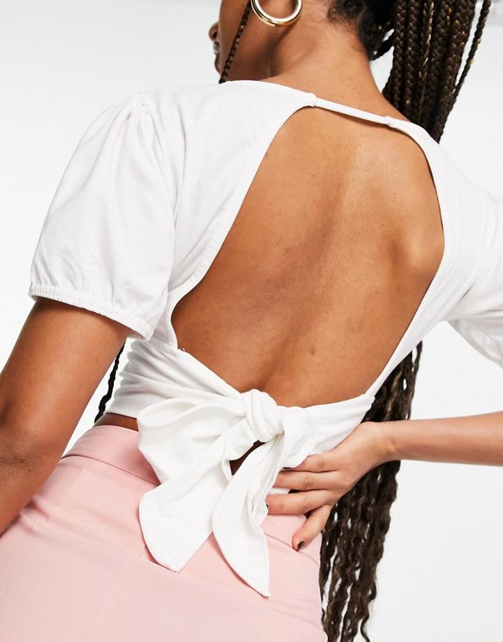 Missguided Tie Back Top With Puff Sleeves In White