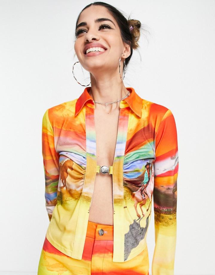 Elsie & Fred Y2k Clip Front Detail Open Shirt In Western Print - Part Of A Set-multi
