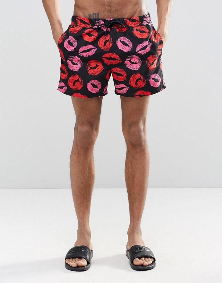 Asos Short Length Swim Shorts With Lips Print - Black