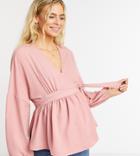 Asos Design Maternity Long Sleeve Wrap Front Blouse In Rose-pink