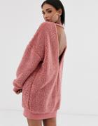 Asos Design Borg V Back Fleece Dress - Pink