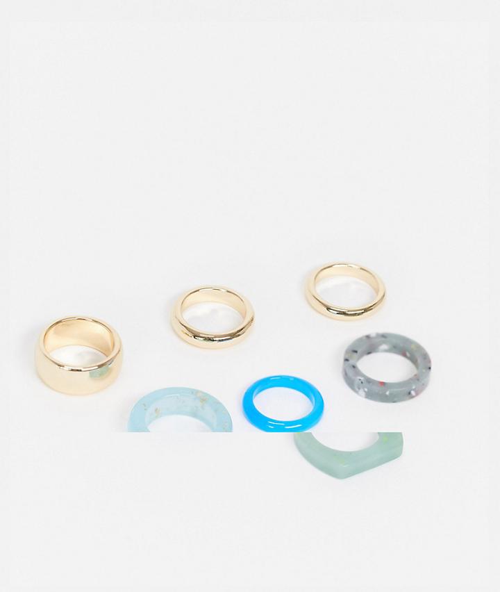 Asos Design Pack Of 7 Rings In Mixed Plastic And Gold Tone-multi