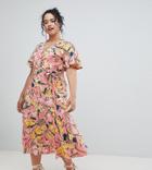 Asos Curve Exclusive Tea Dress With Wrap Front In Floral Print - Multi