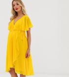 Asos Design Maternity Cape Back Dipped Hem Midi Dress-yellow