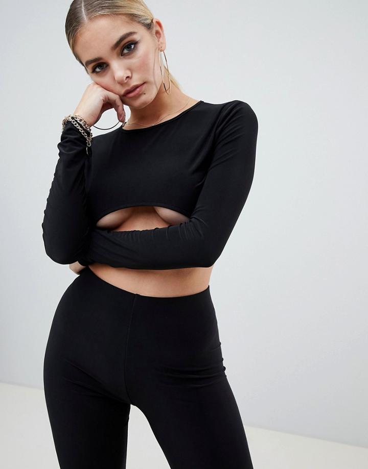 Fashionkilla Long Sleeve Underboob Crop Top In Black - Black