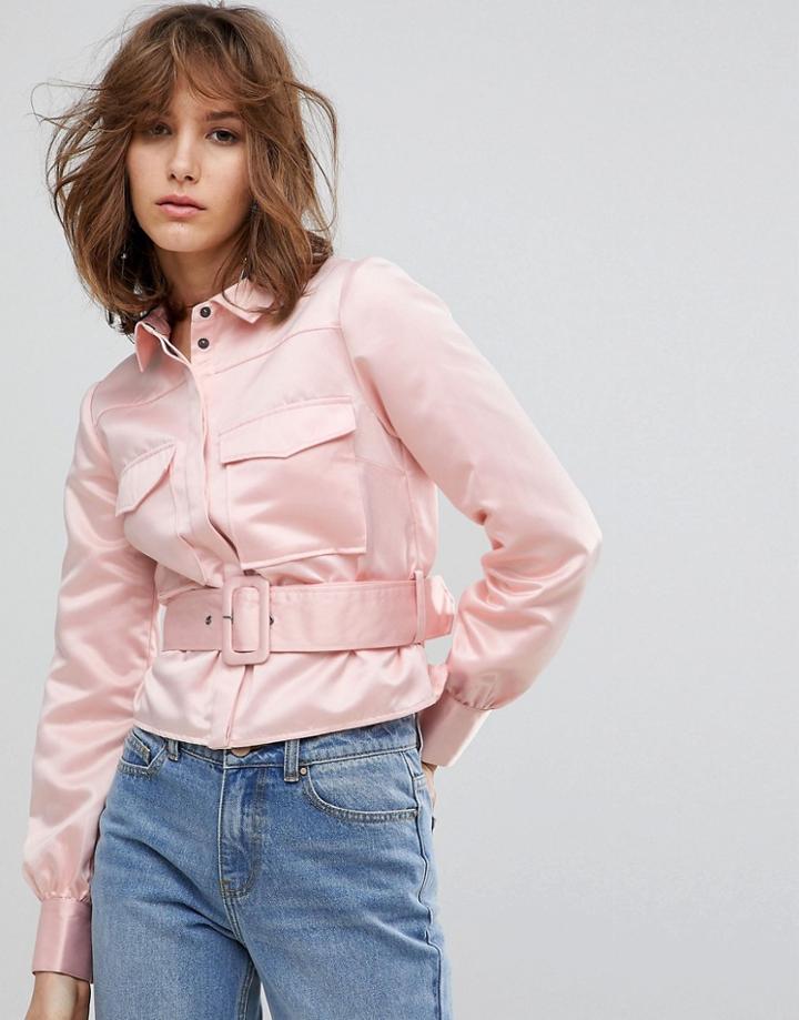 Lost Ink Western Shirt With Belt Detail In Satin - Pink