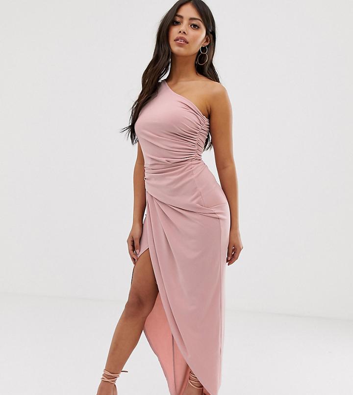 John Zack Petite One Shoulder Asymmetric Midi Dress With Thigh Split In Pink - Pink