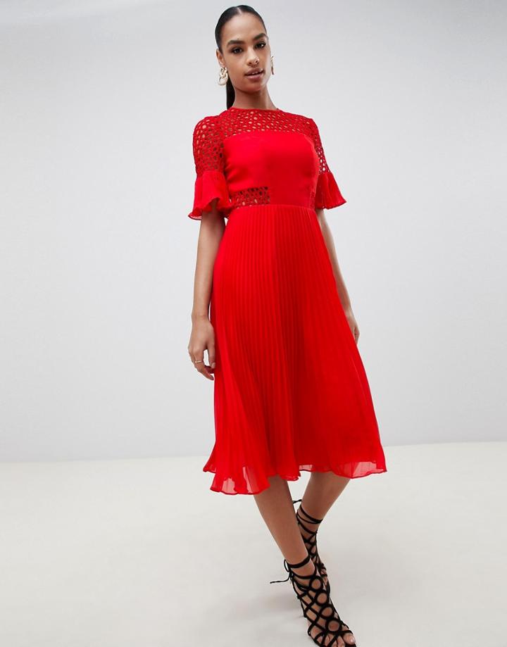 Asos Design Lace Insert Pleated Midi Dress - Red