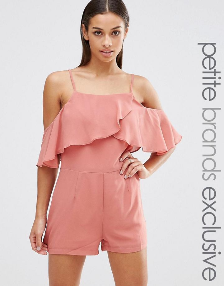 True Decadence Petite Cami Strap Ruffle Front Playsuit - Tan
