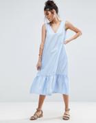 Asos Midi Dress With Tiered Hem In Oxford Twill - Blue