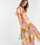 John Zack Exclusive Fluted Sleeve Midi Dress In Contrast Floral-multi