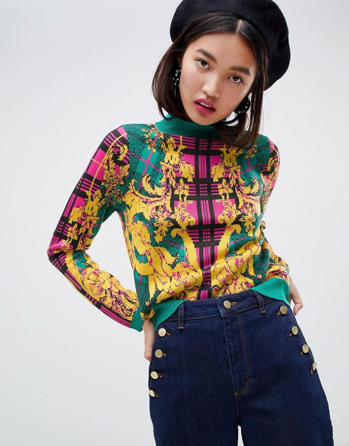 Asos Design Sweater In Check And Barroque Pattern - Multi