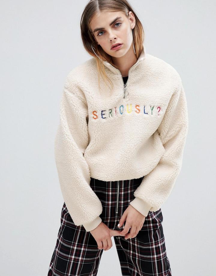 Bershka Zip Front Sweat With Seriously Motif - Borg - Multi