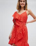 River Island Frill Front Broderie Wrap Dress-orange