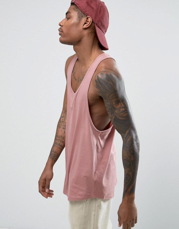Asos Longline Extreme Racer Back Tank With Curved Hem In Pink - Pink