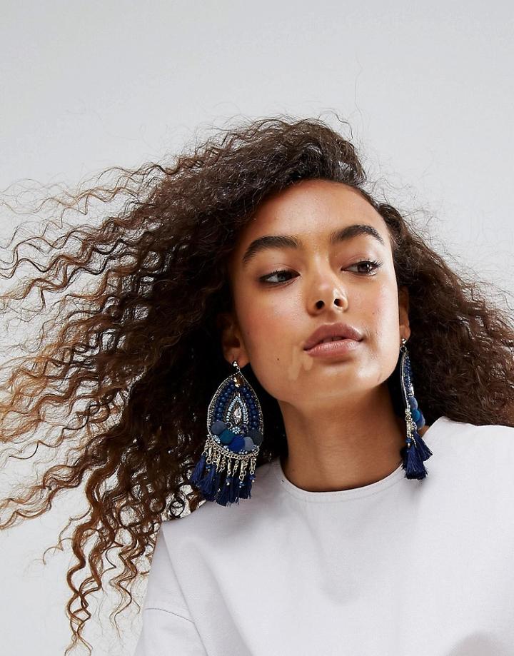 Asos Statement Pom And Tassel Teardrop Earrings - Blue