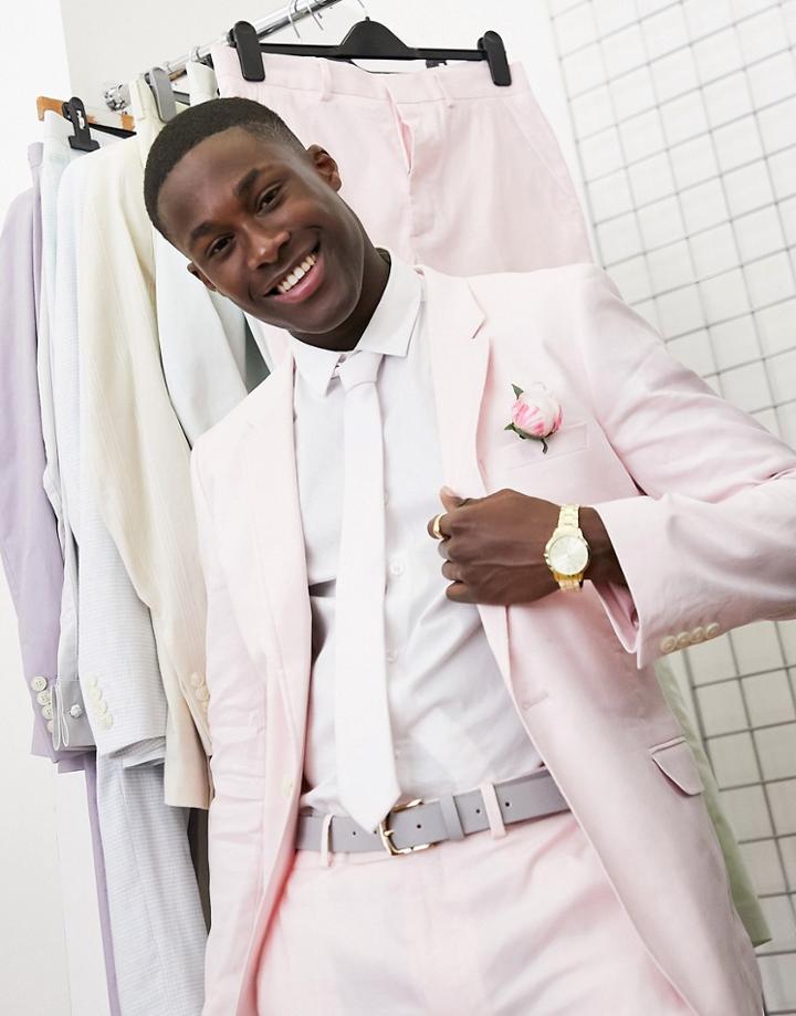 Asos Design Skinny Wedding Suit Jacket In Pastel Pink Cotton Linen