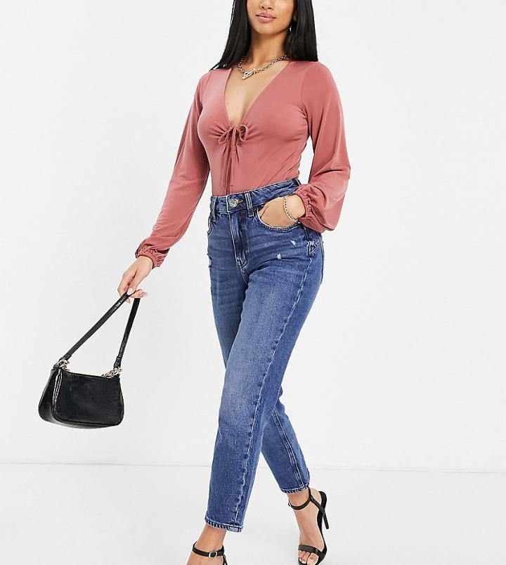 River Island Petite Bum Sculpt Mom Jeans In Dark Blue
