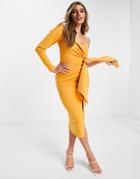 Asos Design Long Sleeve One Shoulder Tie Front Midi Dress In Butterscotch-multi