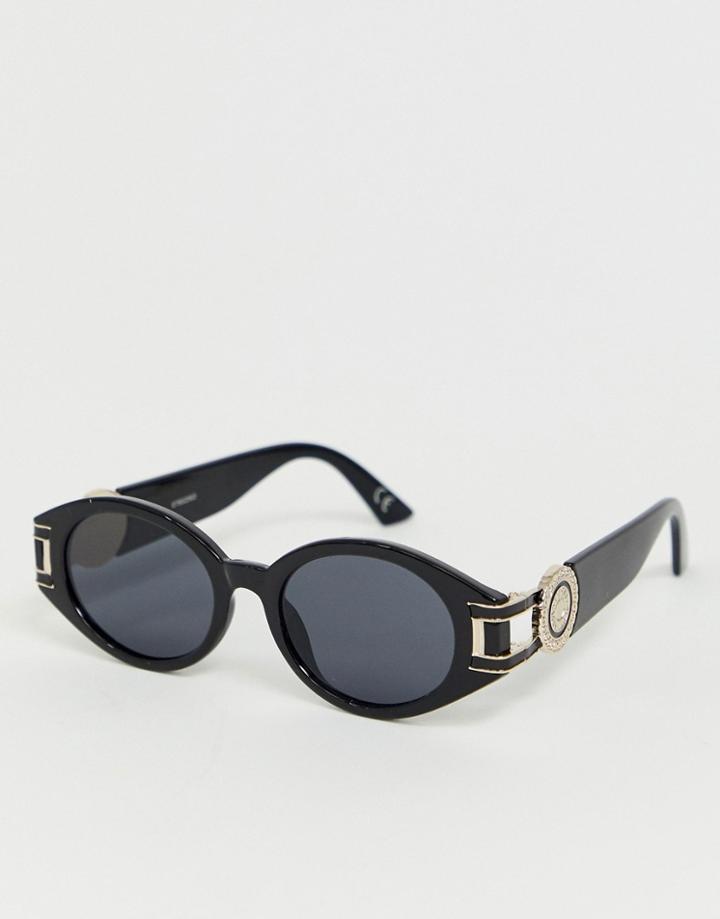 Asos Design Oval Sunglasses With Metal Stud Side Detail - Black