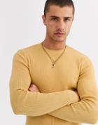 Asos Design Muscle Fit Ribbed Sweater In Mustard-beige
