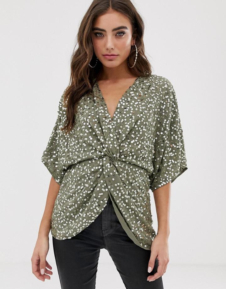 Asos Design Knot Front Kimono Top In Sequin - Green