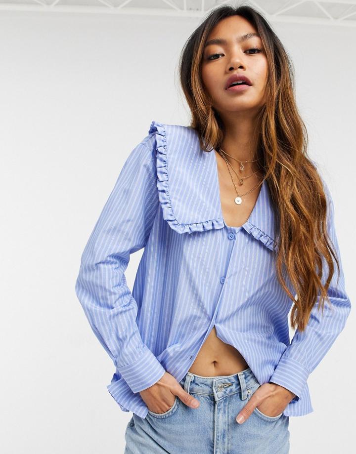 Asos Design Stripe Blouse With Ruffle Collar-no Color