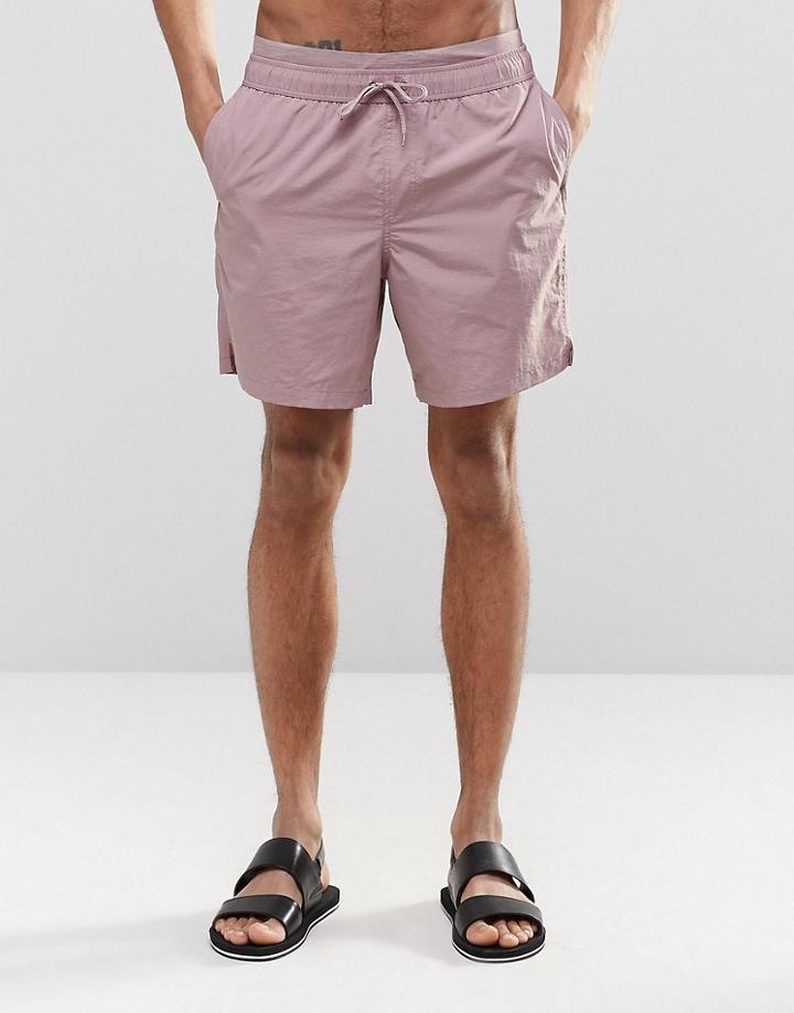Asos Mid Length Swim Shorts In Pink With Double Waistband - Pink