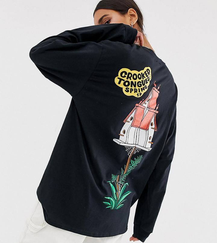 Crooked Tongues Oversized Long Sleeve T-shirt With Back House Print - Black
