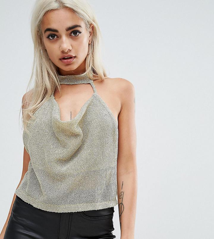 Asos Petite Top With Cowl Neck In Chain Mail - Gold